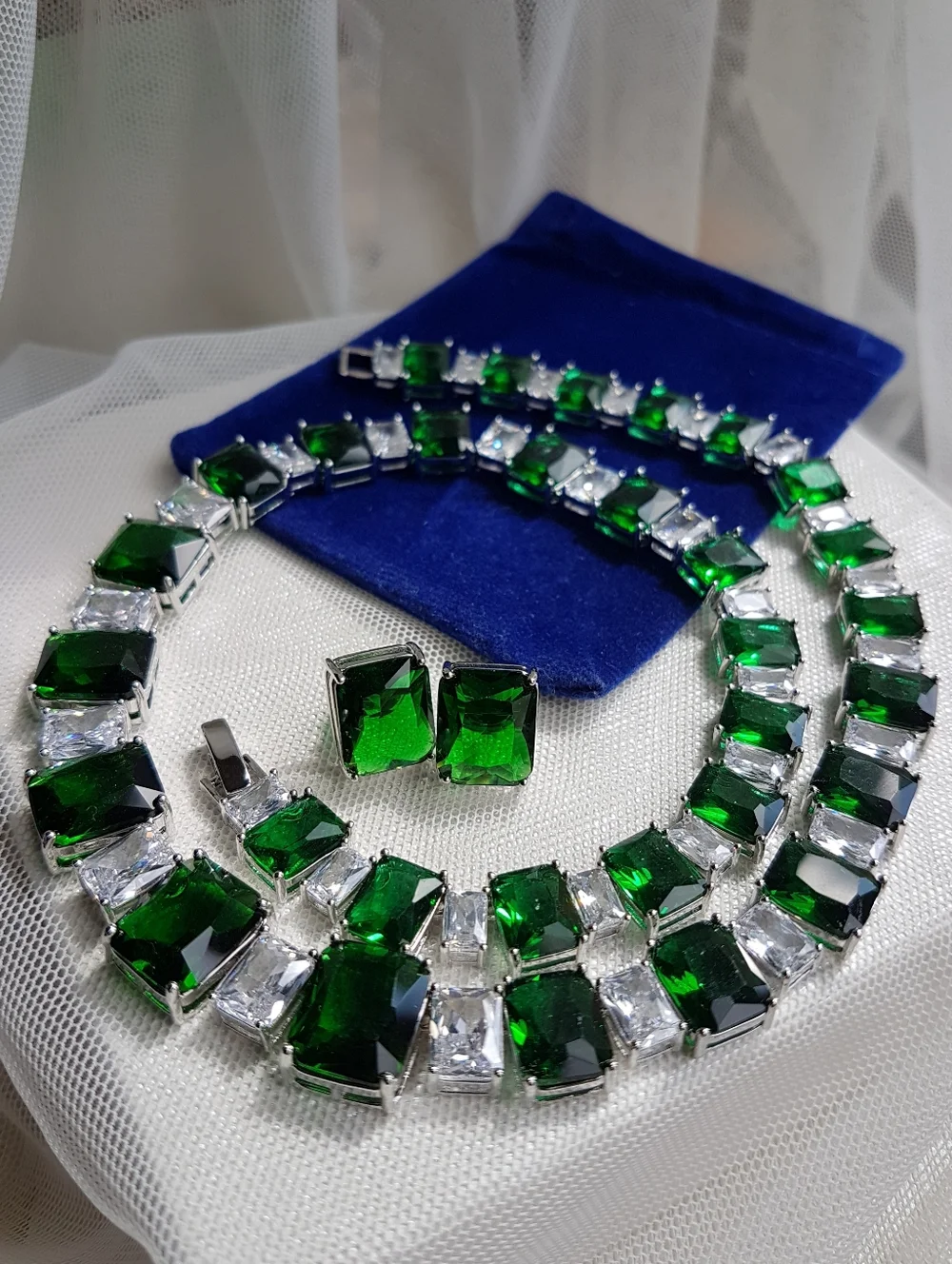 Swarovski Elements Emerald Green & Clear Square Gemstone Statement Necklace NEW